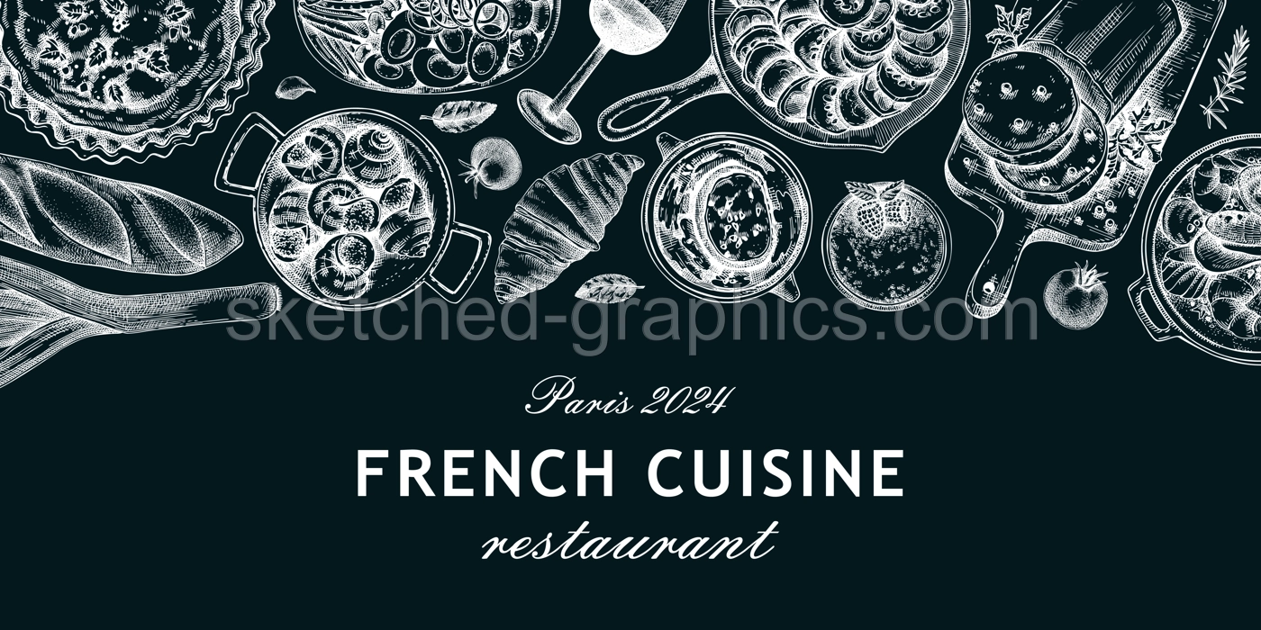 French food banner design. Vintage food and wine sketches on chalkboard. European cuisine restaurant menu template. France background. Hand-drawn vector illustration, NOT AI generated Illustration